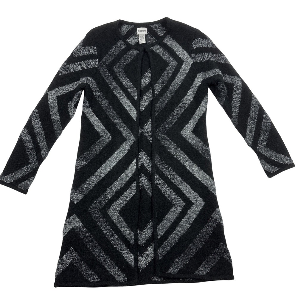 Chicos Cardigan Long Geometric‎ Womens Size 0 (XS 4-6) Black Silver